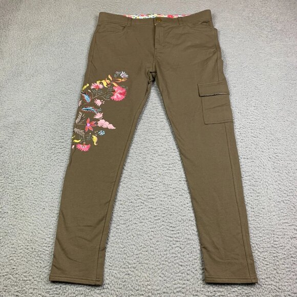 Matilda Jane Pants - Matilda Jane Women's L Cargo Scouts Honor Pants Floral Embroidered Green Stretch